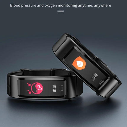 B7 Bluetooth Bracelet for Daily Health Tracking Essentials showing blood pressure and oxygen monitoring on black wearable displays