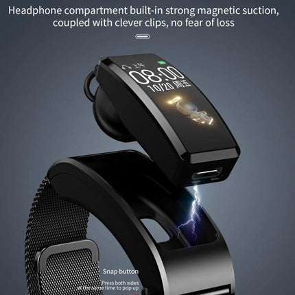 B7 Bluetooth Bracelet for Daily Health Tracking Essentials showing detachable earphone, magnetic headphone compartment and touchscreen health display