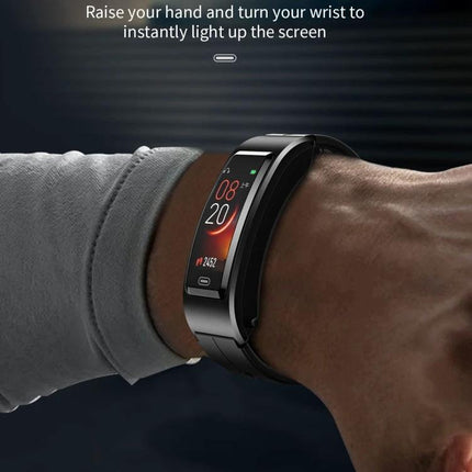B7 Bluetooth Bracelet for Daily Health Tracking Essentials on wrist showing heart rate, blood pressure and call notification with sleek integrated earphone design