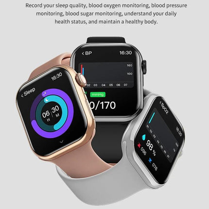 A Versatile Smart Watch for Everyday Wellness and Connectivity showing sleep rings, blood pressure and SpO2 monitoring on three smartwatch screens