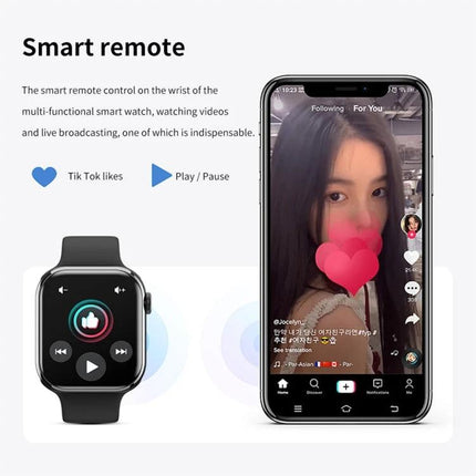 A Versatile Smart Watch for Everyday Wellness and Connectivity showing watch remote controls and mobile app for tracking steps, sleep, SpO2 and notifications