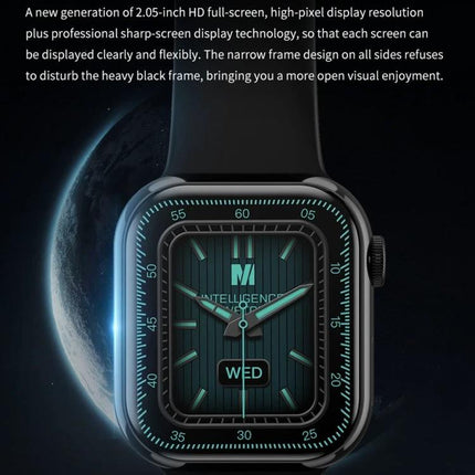 A Versatile Smart Watch for Everyday Wellness and Connectivity - sleek black smartwatch with 2.05-inch HD square display showing time, date (WED), and teal accents