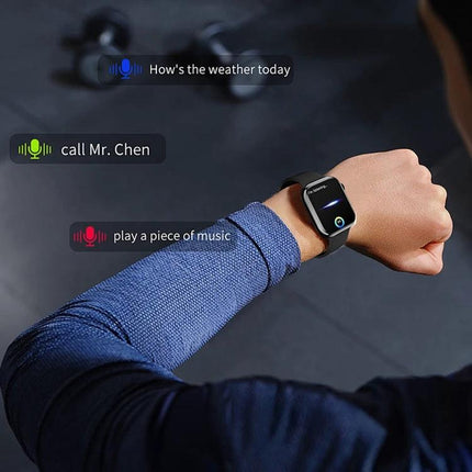 A Versatile Smart Watch for Everyday Wellness and Connectivity – wrist view showing voice commands, calls, music, activity and health tracking on-screen