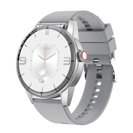 Daily Smart Watch with Built-in Earphones for Active Lifestyles showing silver round face and gray strap, Bluetooth calls and touch controls