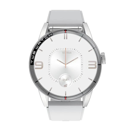 Daily Smart Watch with Built-in Earphones for Active Lifestyles - sleek silver smartwatch with white band, analog-digital face, built-in earphones and Bluetooth call support