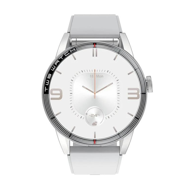Daily Smart Watch with Built-in Earphones for Active Lifestyles - sleek silver smartwatch with white band, analog-digital face, built-in earphones and Bluetooth call support