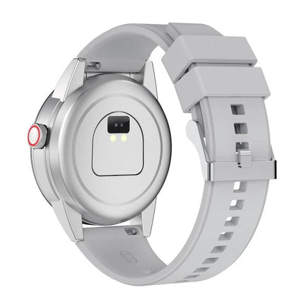 Daily Smart Watch with Built-in Earphones for Active Lifestyles - back view showing sensors and gray silicone strap