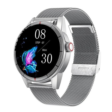 Daily Smart Watch with Built-in Earphones for Active Lifestyles - sleek silver smartwatch with mesh band showing fitness stats and music display