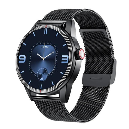 Daily Smart Watch with Built-in Earphones for Active Lifestyles - black mesh band smartwatch showing round touchscreen and side control