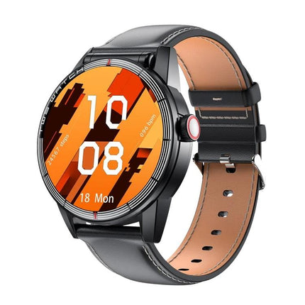 Daily Smart Watch with Built-in Earphones for Active Lifestyles - sleek black smartwatch with leather strap showing digital orange watch face