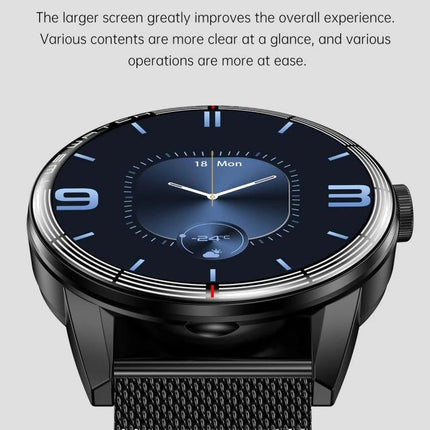 Daily Smart Watch with Built-in Earphones for Active Lifestyles showing round touchscreen, metal case and woven band