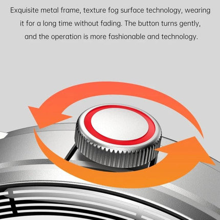 Daily Smart Watch with Built-in Earphones for Active Lifestyles - close-up of metal rotating crown with textured frame and red accent