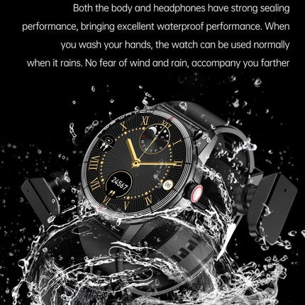 Daily Smart Watch with Built-in Earphones for Active Lifestyles showing waterproof black round smartwatch with built-in earbuds splashing water