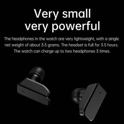 Daily Smart Watch with Built-in Earphones for Active Lifestyles showing two compact black earbuds and text highlighting lightweight 3.5g, 3.5hr playtime