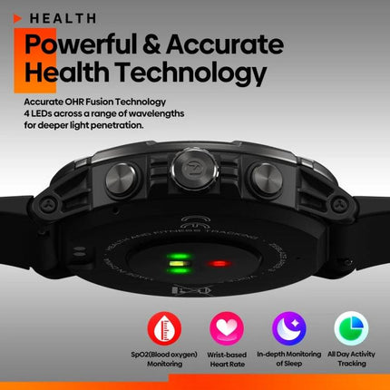 Zeblaze Smart Watch for Daily Health and Connectivity Tracking showing back sensors and icons for SpO2, heart rate, sleep and activity