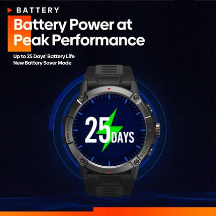 Zeblaze Smart Watch for Daily Health and Connectivity Tracking - rugged smartwatch display showing 25 days battery life and peak performance