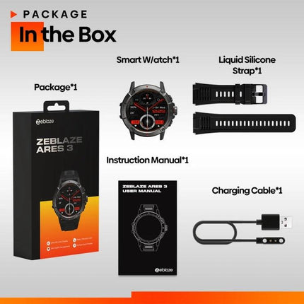 Zeblaze Smart Watch for Daily Health and Connectivity Tracking showcasing watch, box, silicone strap, manual, and charging cable