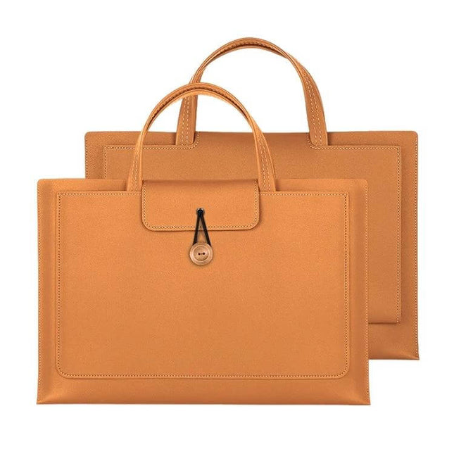 Portable Elastic Laptop Inner Bag for 13-14 Inch Laptops in tan leather-look protective sleeve with handles and secure button closure