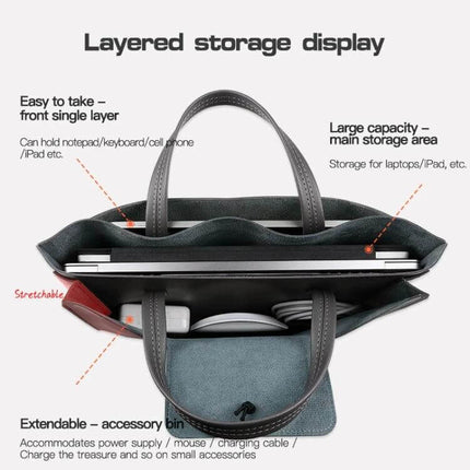 Portable Elastic Laptop Inner Bag for 13-14 Inch Laptops showing layered storage, laptop compartment and accessory pockets for travel and daily use