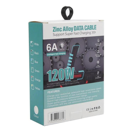 Mech Series Cable for Everyday Device Charging Needs packaged zinc alloy data cable box showing 120W, 6A fast charging features