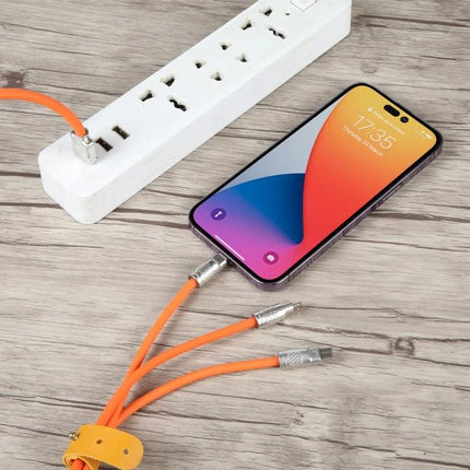 Mech Series Cable for Everyday Device Charging Needs showing orange multi-head cable charging a smartphone from a power strip