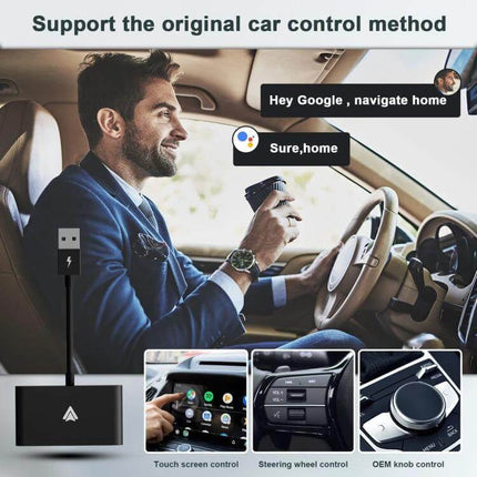 CarPlay Wireless Adapter for Android Smartphones Plug and Play enabling hands-free navigation, music, and voice control while driving