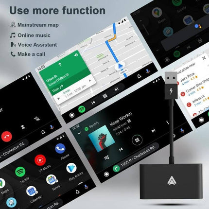 CarPlay Wireless Adapter for Android Smartphones Plug and Play showing wireless CarPlay navigation music and voice assistant on car display