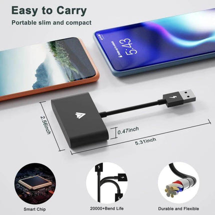 CarPlay Wireless Adapter for Android Smartphones Plug and Play compact USB dongle showing dimensions and phones