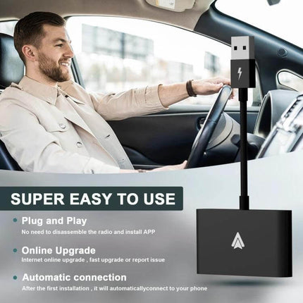 CarPlay Wireless Adapter for Android Smartphones Plug and Play - man driving hands-free with USB plug into car for wireless CarPlay