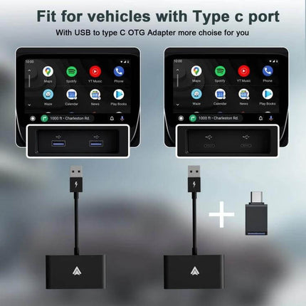 CarPlay Wireless Adapter for Android Smartphones Plug and Play connected to car USB and Type-C ports showing navigation and music apps