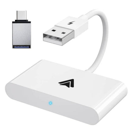 CarPlay Wireless Adapter for Android Smartphones Plug and Play white USB-C dongle with USB-A cable for wireless CarPlay in-car navigation and music