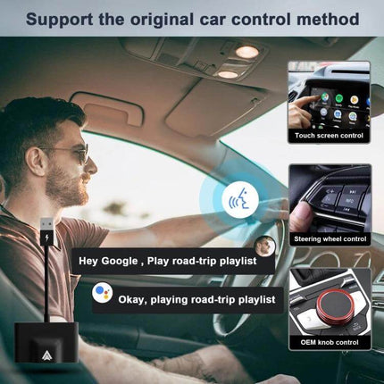 Wireless CarPlay Adapter For Wired CarPlay Systems USB C in car showing hands-free voice control, touch, steering wheel and OEM knob control