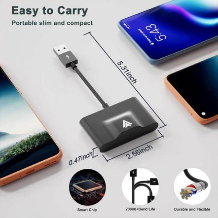 Wireless CarPlay Adapter For Wired CarPlay Systems USB C compact plug-and-play USB-C dongle showing dimensions, smart chip and flexible cable