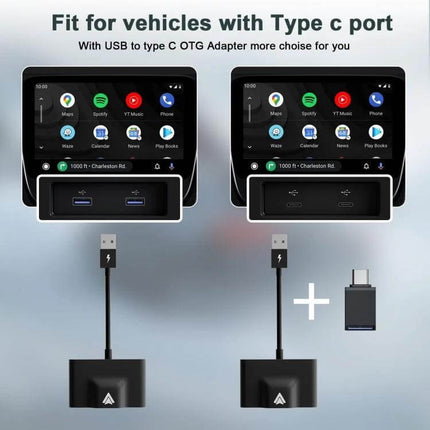 Wireless CarPlay Adapter For Wired CarPlay Systems USB C showing USB-A and USB-C setups plugged into car infotainment