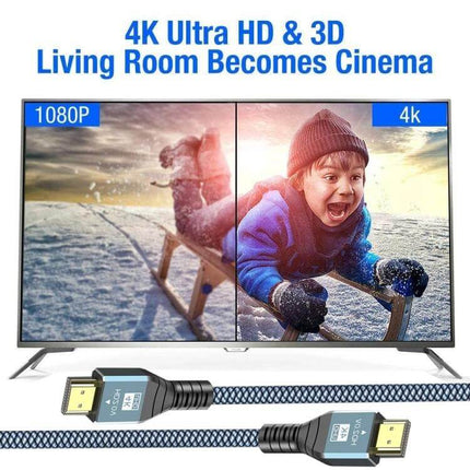 High-Definition HDMI Cable for TV and Monitor Connections showing 4K vs 1080P comparison with braided cable in front
