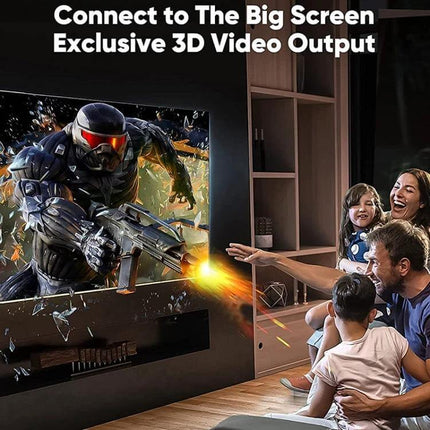 High-Definition HDMI Cable for TV and Monitor Connections showing family enjoying 3D action on large TV with projector-quality image