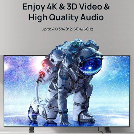 High-Definition HDMI Cable for TV and Monitor Connections shown linking a 4K TV displaying an astronaut image for 4K/3D video and high-quality audio