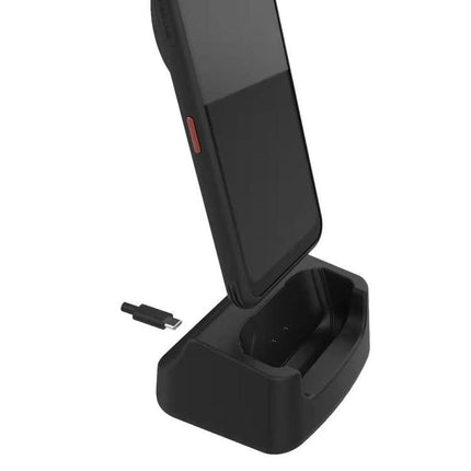 AGM Phone Charging Dock for Everyday Desk Organization black charging stand with phone upright and USB-C connector