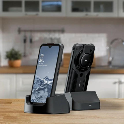 AGM Phone Charging Dock for Everyday Desk Organization shown with AGM Glory G2 on a tidy kitchen countertop, upright charging and viewing