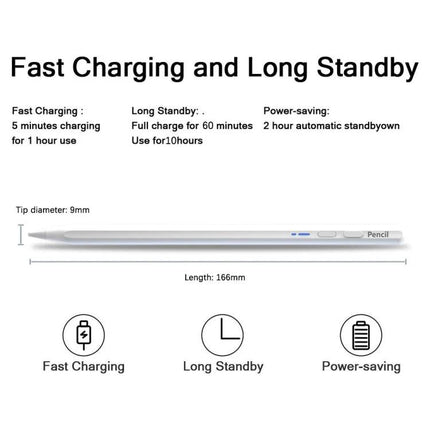 Universal Bluetooth Magnetic Stylus Pen for Touch Screens showing sleek aluminum body, 166mm length, 9mm tip, fast charging, long standby, power-saving