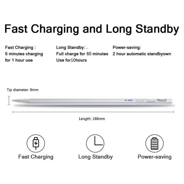 Universal Bluetooth Magnetic Stylus Pen for Touch Screens showing sleek aluminum body, 166mm length, 9mm tip, fast charging, long standby, power-saving
