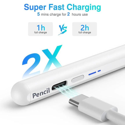 Universal Bluetooth Magnetic Stylus Pen for Touch Screens showing super fast charging USB-C port and 2X charge graphic