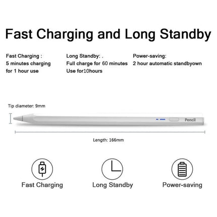 Type-C Charging Universal Bluetooth Stylus Pen for iPads and Android Tablets showing fast charging long standby power-saving features and 166mm length