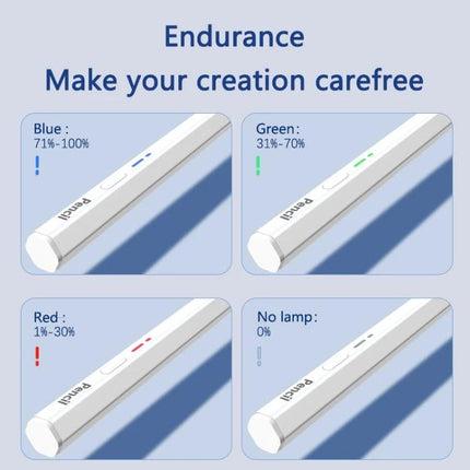 Type-C Charging Universal Bluetooth Stylus Pen for iPads and Android Tablets - battery LED color guide showing blue 71-100%, green 31-70%, red 1-30%, no lamp 0%