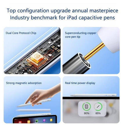 Type-C Charging Universal Bluetooth Stylus Pen for iPads and Android Tablets showing dual-core chip, copper pen tip, magnetic attachment, and battery display