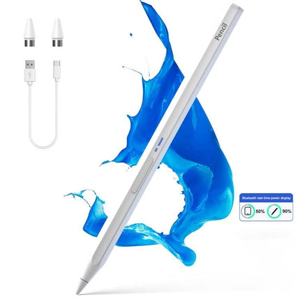 Magnetic Universal Bluetooth Stylus Pen for iPads and Android Tablets - silver aluminum alloy with POM nib, USB charger and extra tips