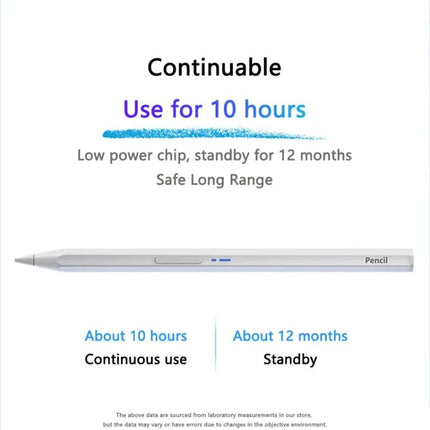 Magnetic Universal Bluetooth Stylus Pen for iPads and Android Tablets showing 10 hours continuous use and 12 months standby with aluminum body