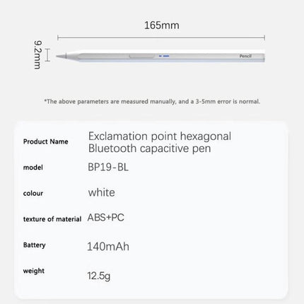 Magnetic Universal Bluetooth Stylus Pen for iPads and Android Tablets - white aluminum alloy pen 165mm, POM nib, 140mAh battery, 12.5g