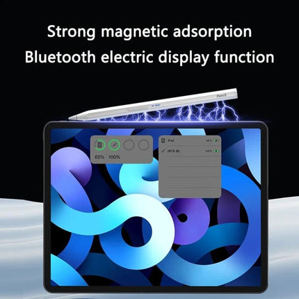 Magnetic Universal Bluetooth Stylus Pen for iPads and Android Tablets attached magnetically to tablet showing Bluetooth display and sketching controls