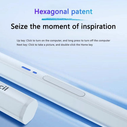 Magnetic Universal Bluetooth Stylus Pen for iPads and Android Tablets showing hexagonal patent design, side buttons and aluminum alloy body